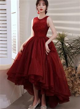 Picture of Wine Red Color Organza Lace High Low Chic Party Dress Prom Dresses, Wine Red Color Homecoming Dress